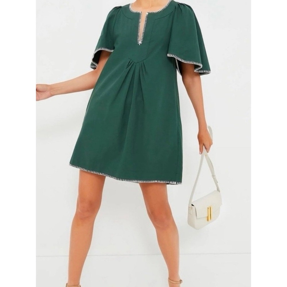 Pomander Place Tuckernuck Green Finley Flutter Sleeve Dress White Trim Sz Small
